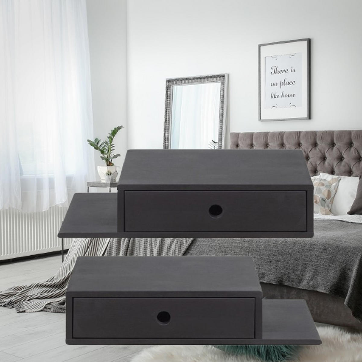 NACHTTISCH Hope mit Ablagen 2er Set, schwarze Birke, 30/65/15 cm - Schwarz, Holz (65/15/30cm) - WOODEK