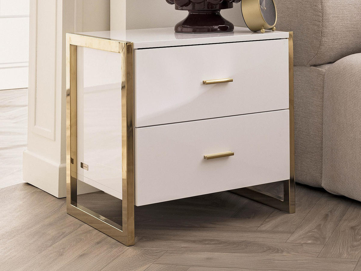 NACHTTISCHE mit 2 Schubladen 2er-Set - MDF - Weiß lackiert & Goldfarben - OMBRELIA - Weiß, Holz (40/50/50cm) - Vente-Unique