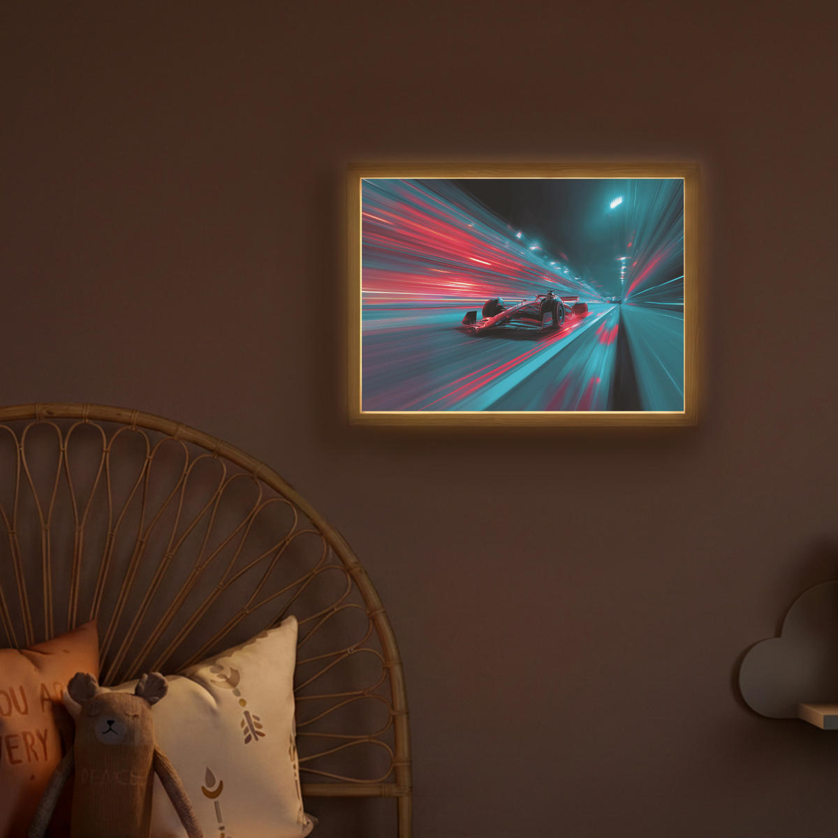 DOBÍJECÍ NOČNÍ LAMPIČKA Závodní auto - Červená - Rychlost 40x30 cm - tyrkysová, kompozitní dřevo (8/40/30cm) - OnlyWow