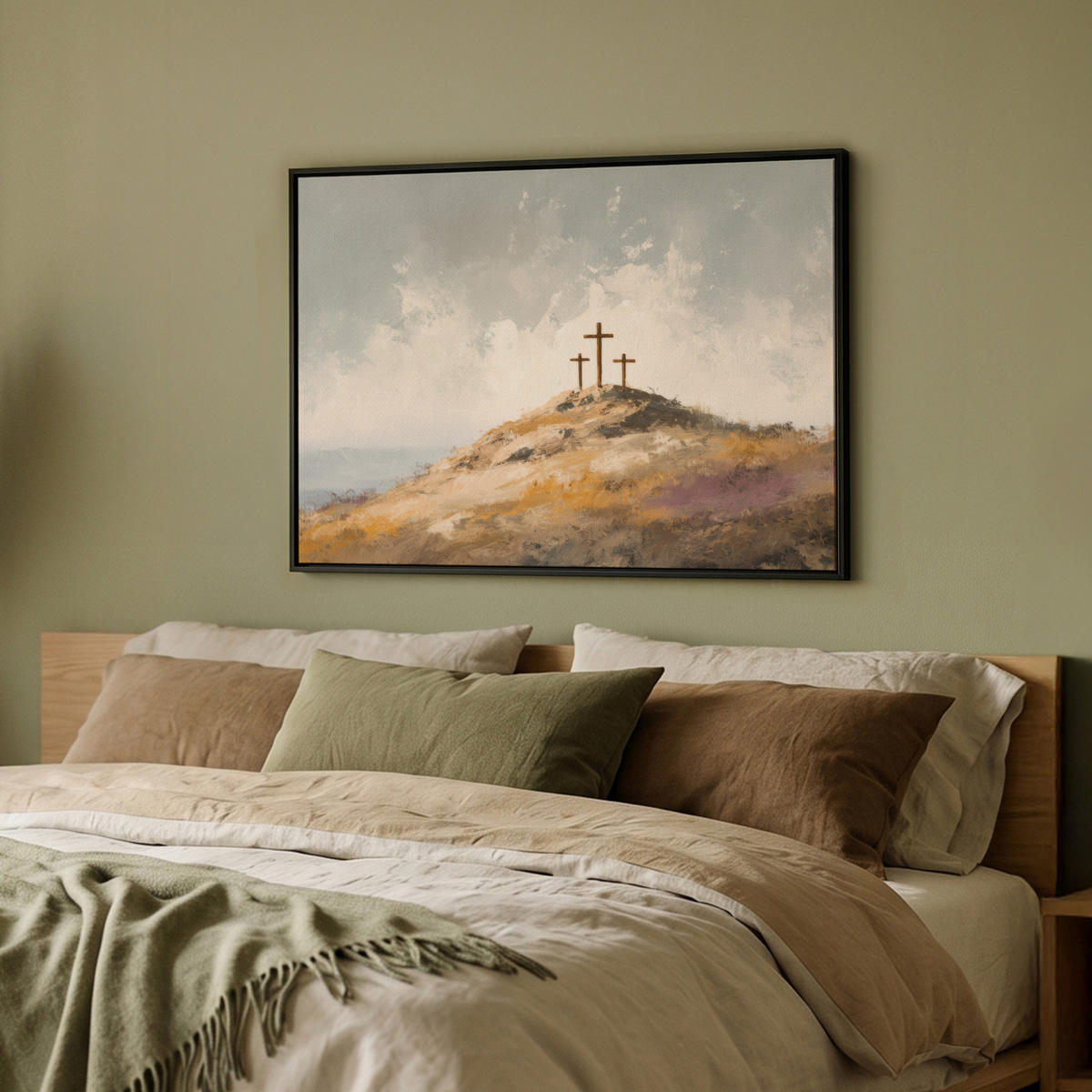 LEINWAND Bilder mit Rahmen - Hügel - Abstrakt - Christentum - Kreuz - 80x60 - Hellgrau, Textil (80/60cm) - MuchoWow