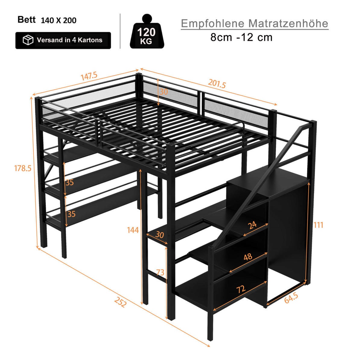 HOCHBETT mit Schreibtisch 140/200 cm in Schwarz – mit Stauraum, Schrank und Treppe - Schwarz, Metall (140/200cm) - BEAOK