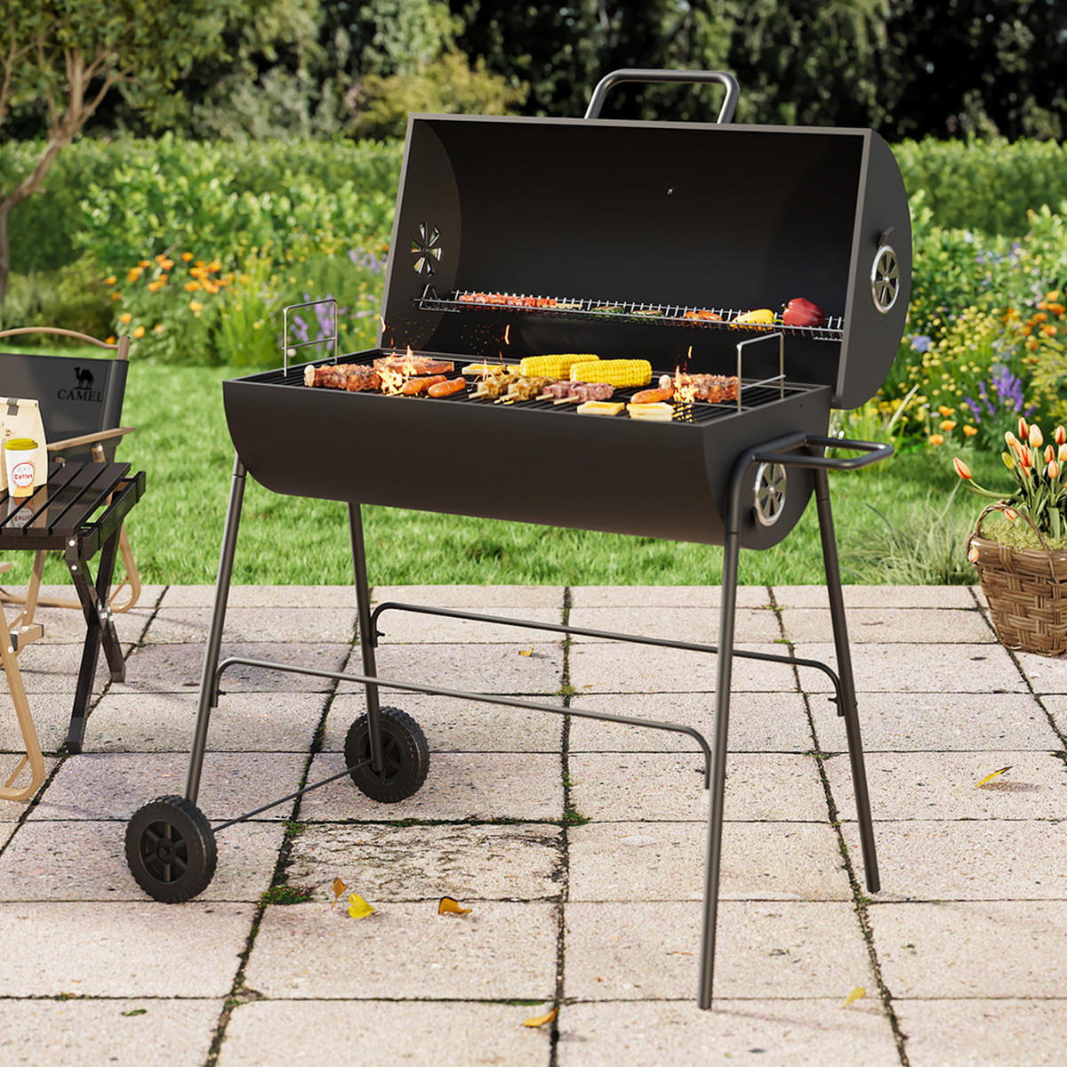 HOLZKOHLEGRILL mit Rollen aus Kohlenstoffstahl in Schwarz für draußen Carbonstahl groß mobil – ideal für Familienfeiern 79 x 68 x 90 cm 10,5 kg - Schwarz, Metall (68/90/79cm) - Livingandhome