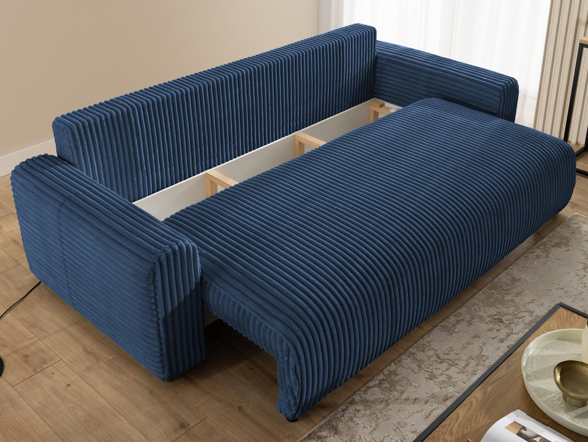 SCHLAFSOFA Calma mit Bettkasten im Bumpy-Design aus weichem Marineblau Plüschcord - Blau/Schwarz, Holz/Kunststoff (239/88/98cm) - S-Style