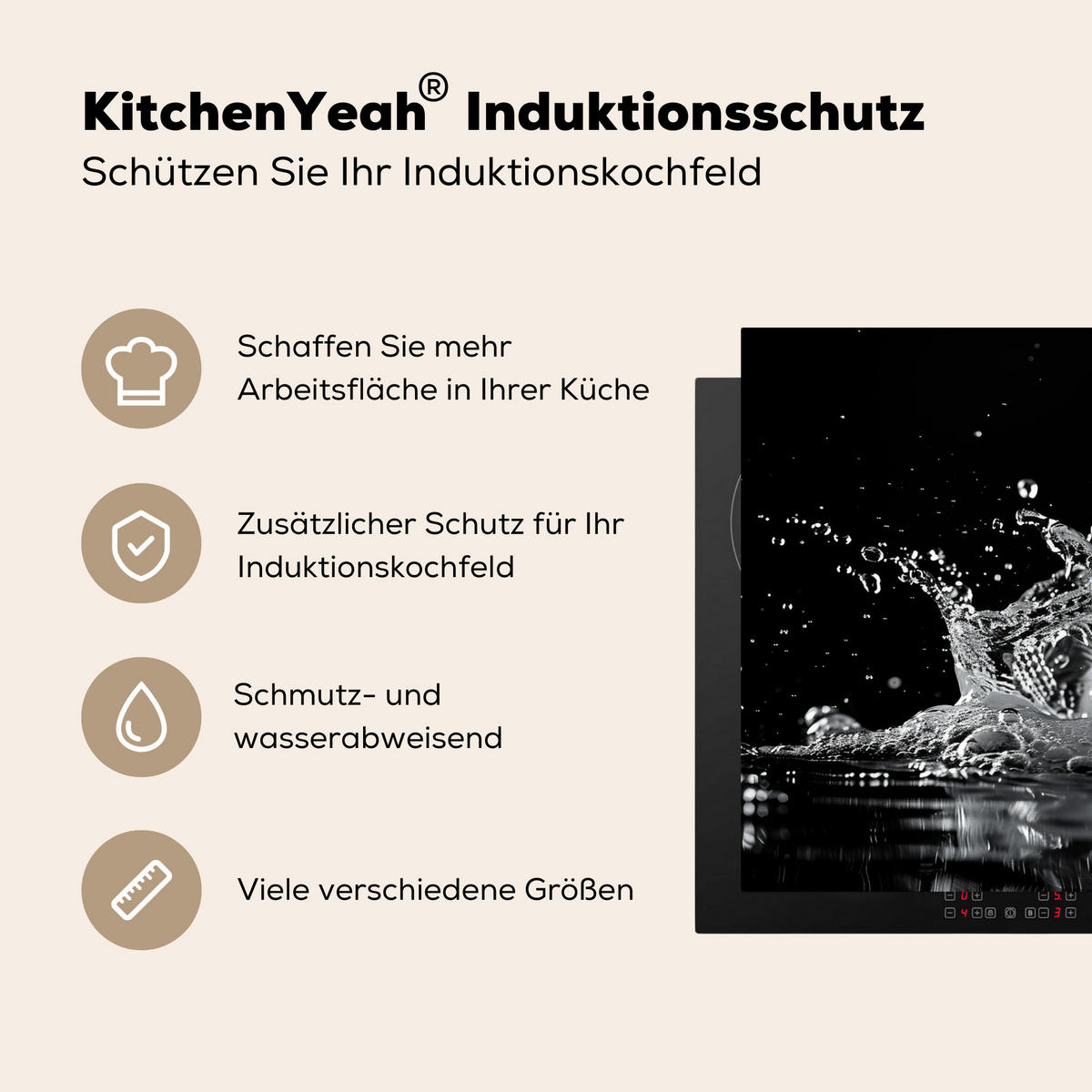 HERDABDECKPLATTE Wasser - Spritzwasser - Schwarz Induktionsmatte 81x52 cm - Schwarz, Kunststoff (81/52/0.2cm) - MuchoWow