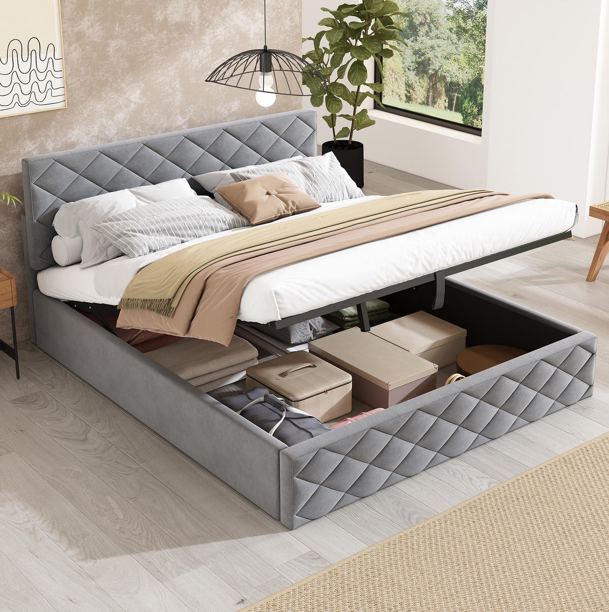 POLSTERBETT 140/200 cm Grau mit hydraulischem Funktionsbett und Stauraum - Grau, Textil (140/200cm) - OKWISH