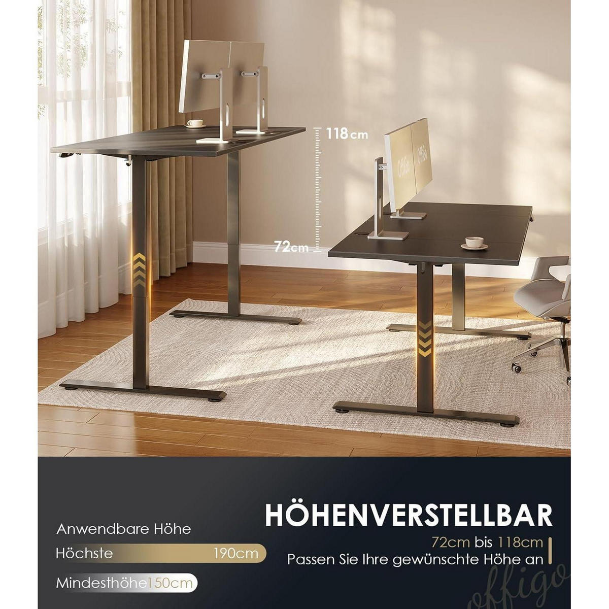 SCHREIBTISCH elektrisch höhenverstellbar 180 cm Schwarz - Schwarz, Holz (70/180/72cm)