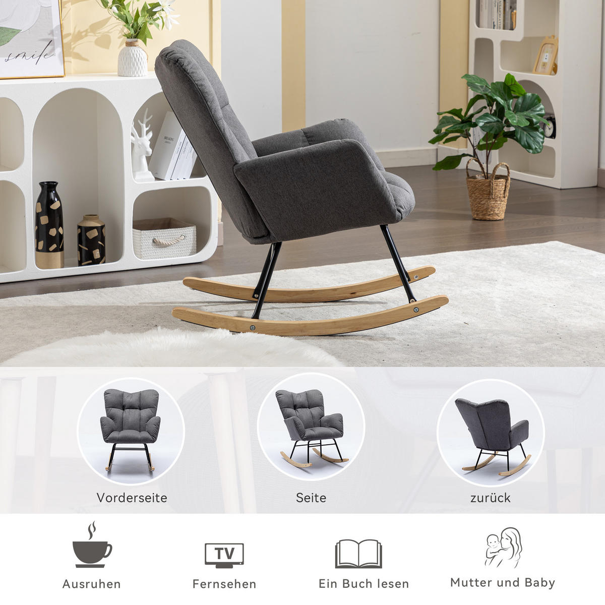 SCHAUKELSTUHL Stoff mit gepolsterter hoher Rückenlehne 80/70/95 cm Grau - Grau, Textil (70/95/80cm) - Redom