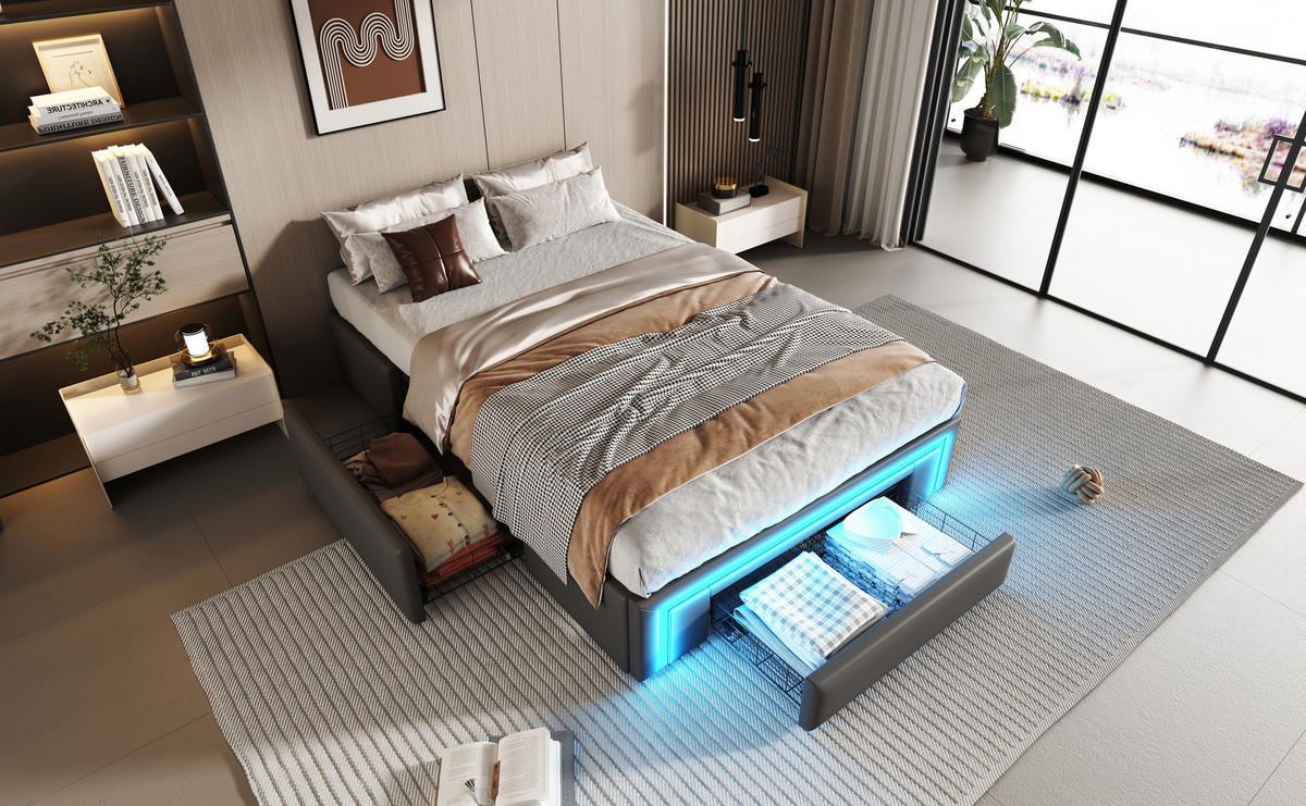 BETT 90x200 cm LED Schubladen grau - Grau, Textil (90/200cm) - LEBENLANG