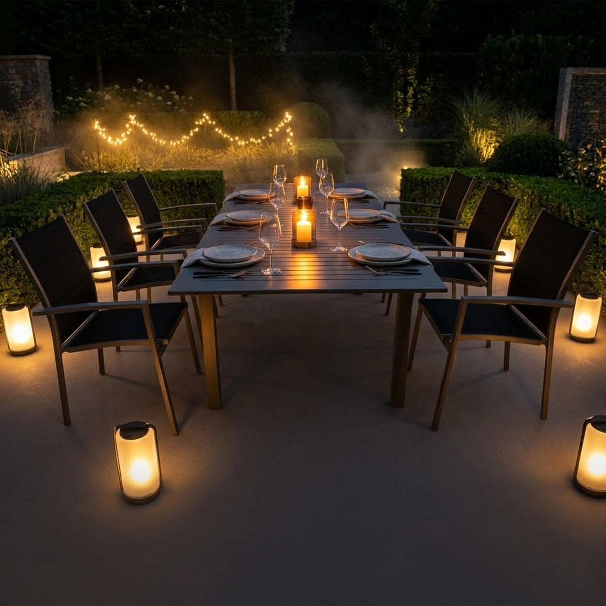 GARTEN-GARNITUR Ashford - 7-teilige Garten-Essgruppe (6x Stapelsessel mit Aluminiumgestell, Bespannung Textillehne schwarz, Ausziehtisch - Schwarz, Metall - TPFGarden