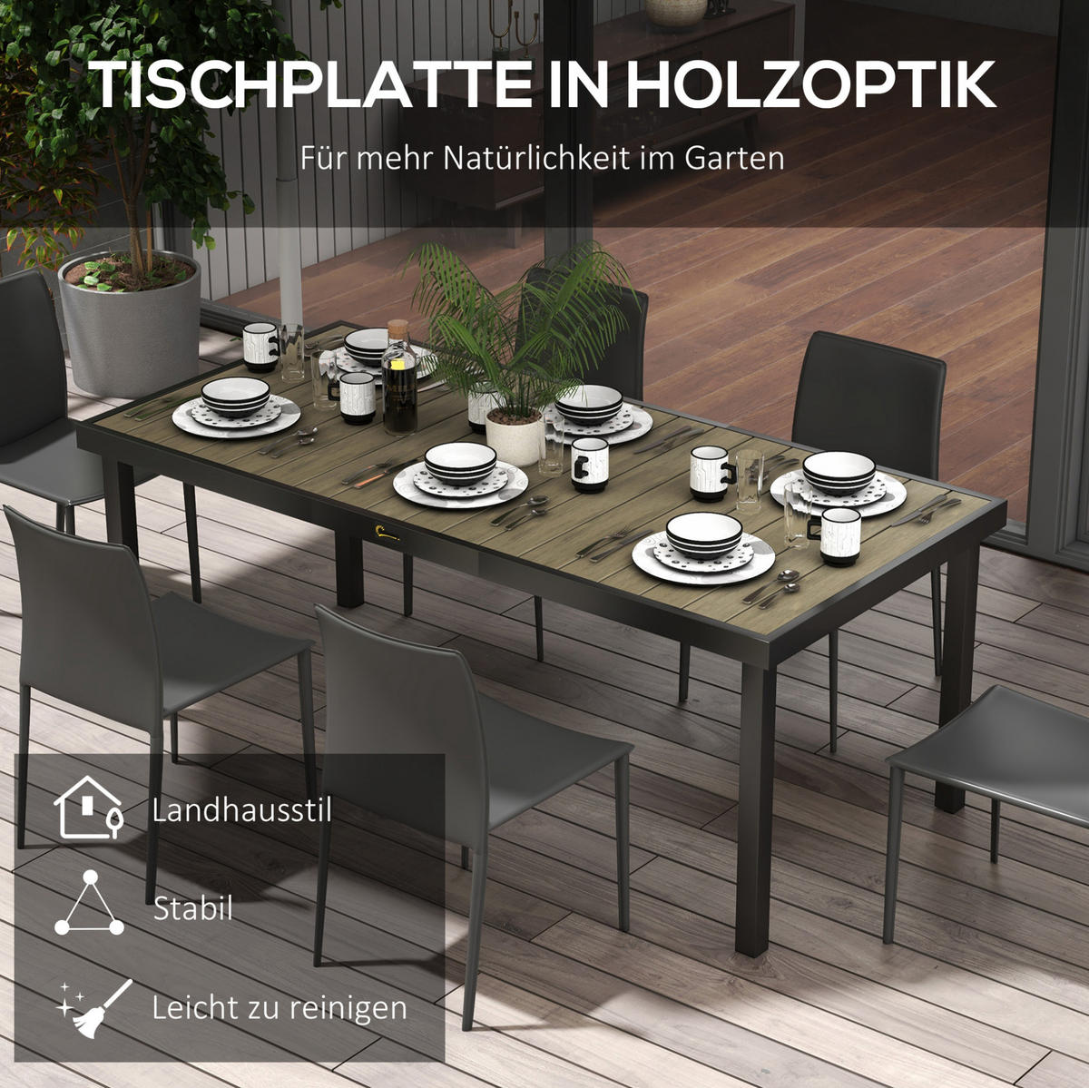 GARTENTISCH aus Aluminium 190x90x74 cm Naturholz-Optik wasserfest mit Holzmaserung und rutschfesten, verstellbaren Fußpolstern - Naturfarben, Metall (190/90/74cm) - Modfu