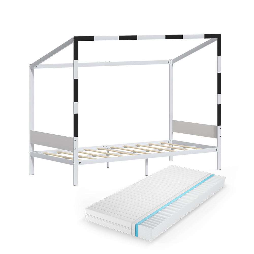 KINDERBETT Goal, Weiß/Schwarz, 90x200 mit Matratze - Schwarz/Weiß, Metall - VitaliSpa