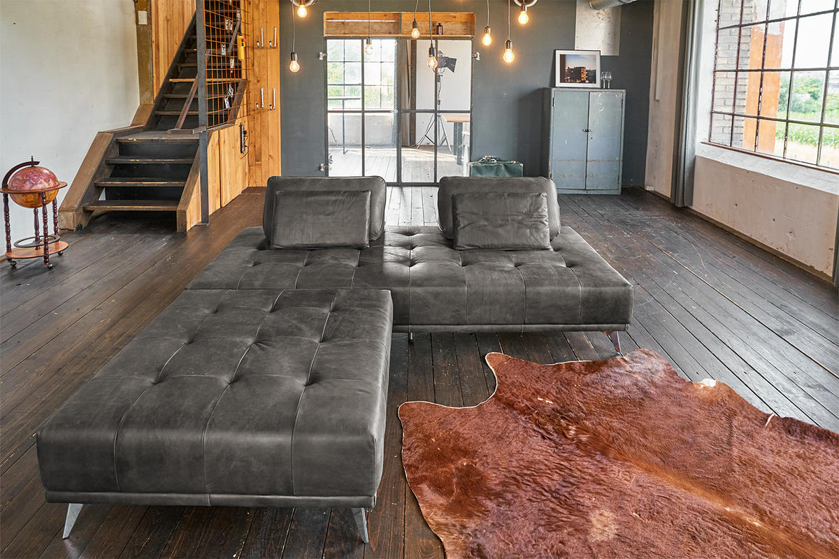 SOFA MIT HOCKER WIOLO Grau Leder - Silberfarben/Grau, Leder (220/83/240cm) - KAWOLA