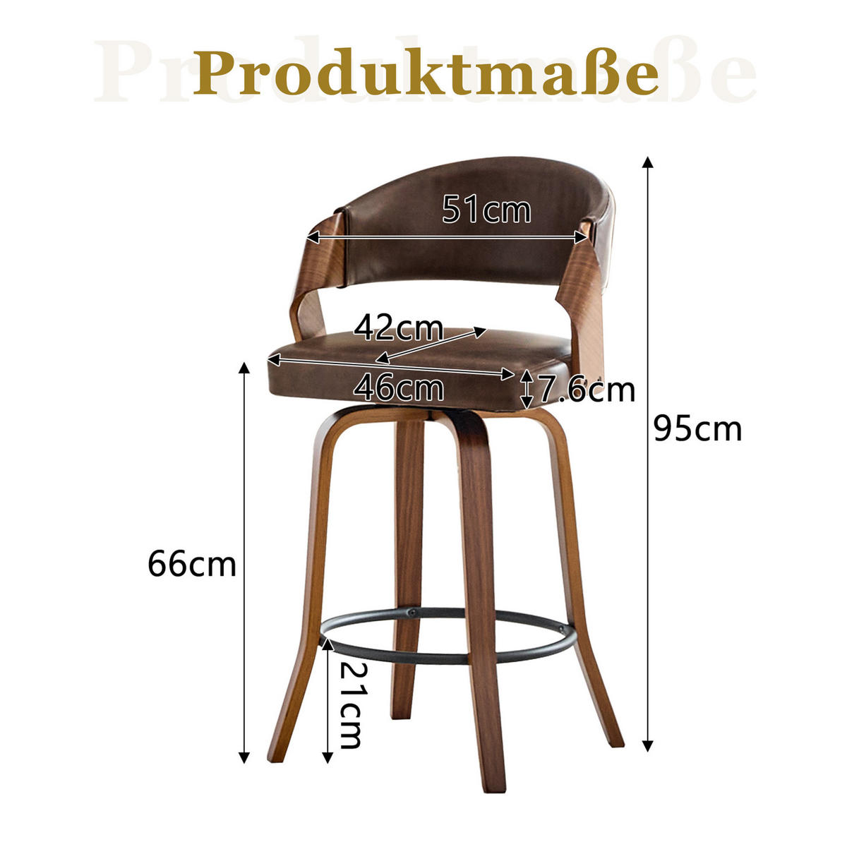 2ER-SET BARHOCKER mit Rückenlehne Braun Holz PU-Leder 95 cm - Braun, Holz (42/95/51cm) - Meubliv