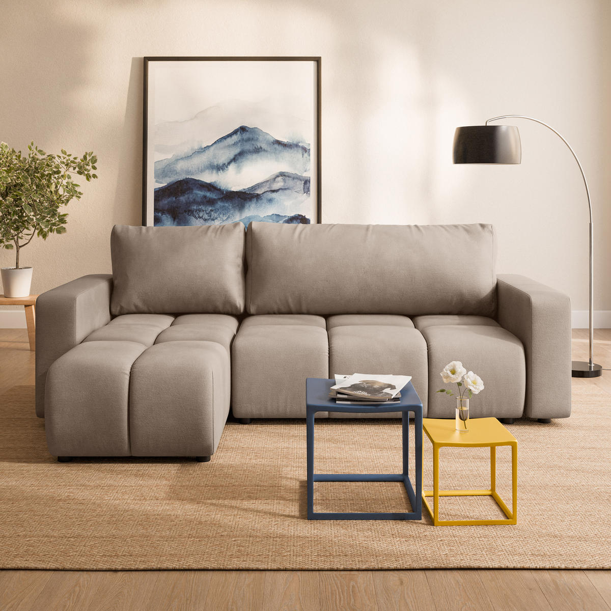 ECKSOFA RAMIL Beige Plüsch-Stoff mit Schlaffunktion - Beige, Holz (240/149cm) - MASSENO