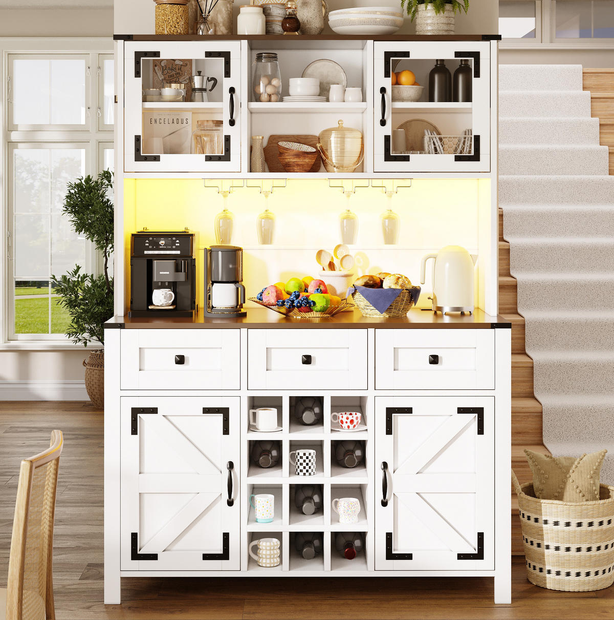 ANRICHTE Küchenschrank 120/40/170 cm aus MDF mit Glas und LED-Beleuchtung Weiß - Weiß, Holzwerkstoff (120/170/40cm) - Modenvie