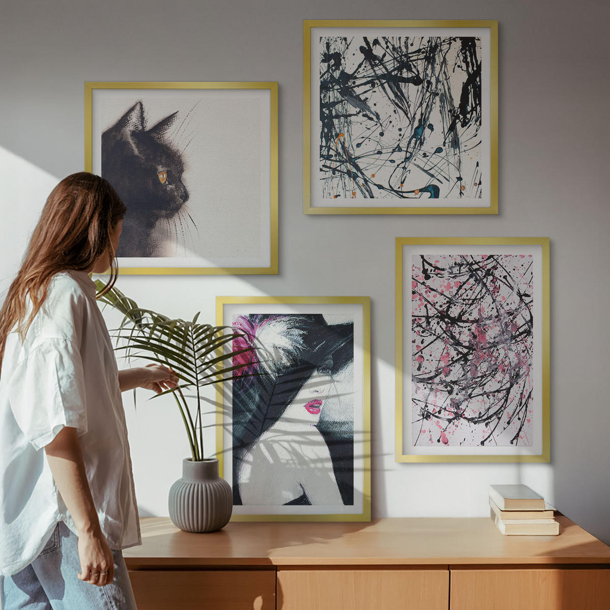 WANDBILDER 4er Set - 50x50 cm & 40x60 cm Goldrahmen - Abstrakte Katzenmalereien - Goldfarben, Kunststoff (50/50cm) - ArtPrintCave