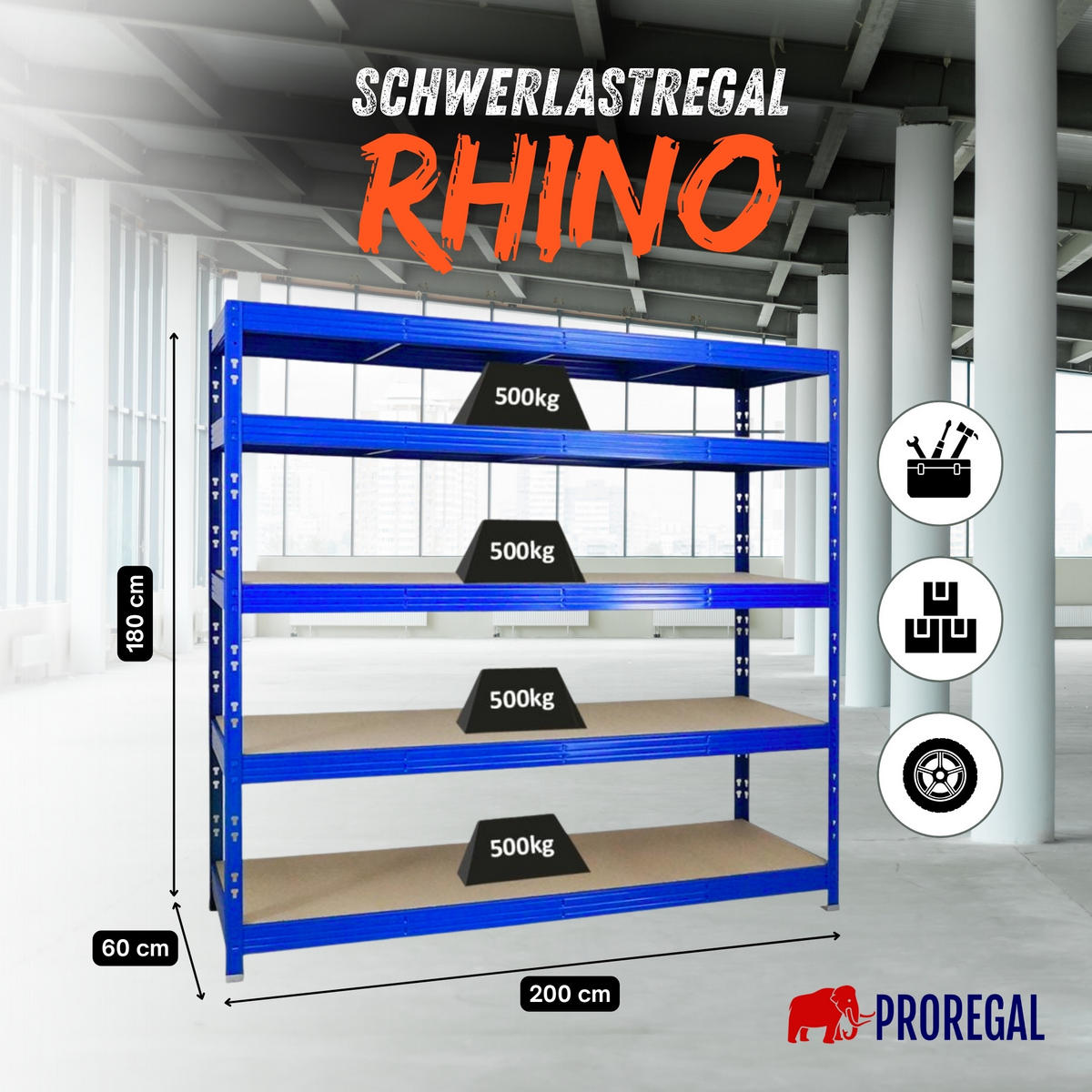 SCHWERLASTREGAL Rhino 180x200x60 cm 5 Spanplatten-Ebenen 8mm Fachlast 500 kg Blau - Blau, Metall (200/180/60cm) - PROREGAL