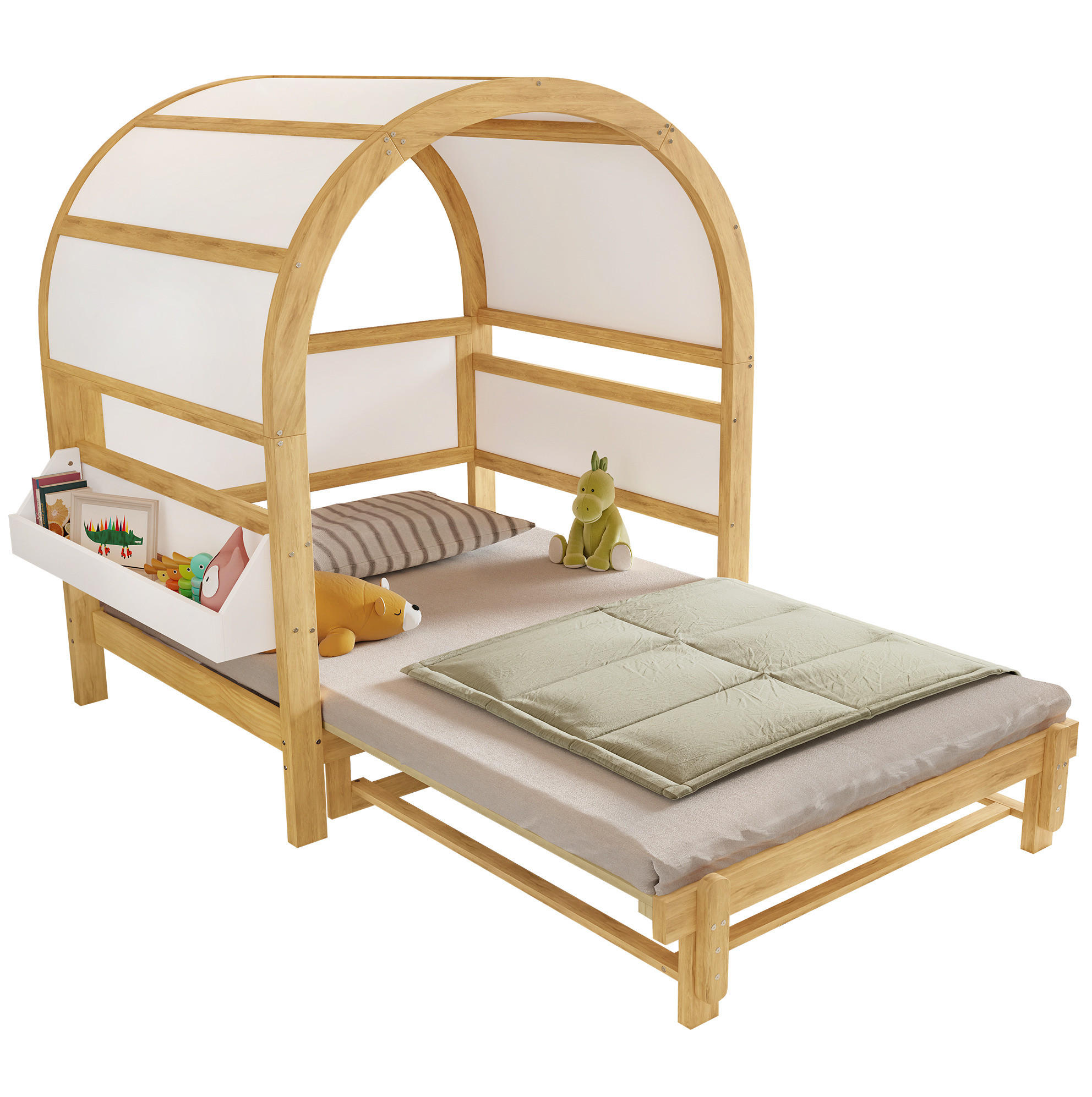 KINDERBETT 140/200 cm mit Ausziehbett, gewölbtem Dach und Ablagefläche, Weiß/Natur - Weiß, Holzwerkstoff (140/200cm) - Redom