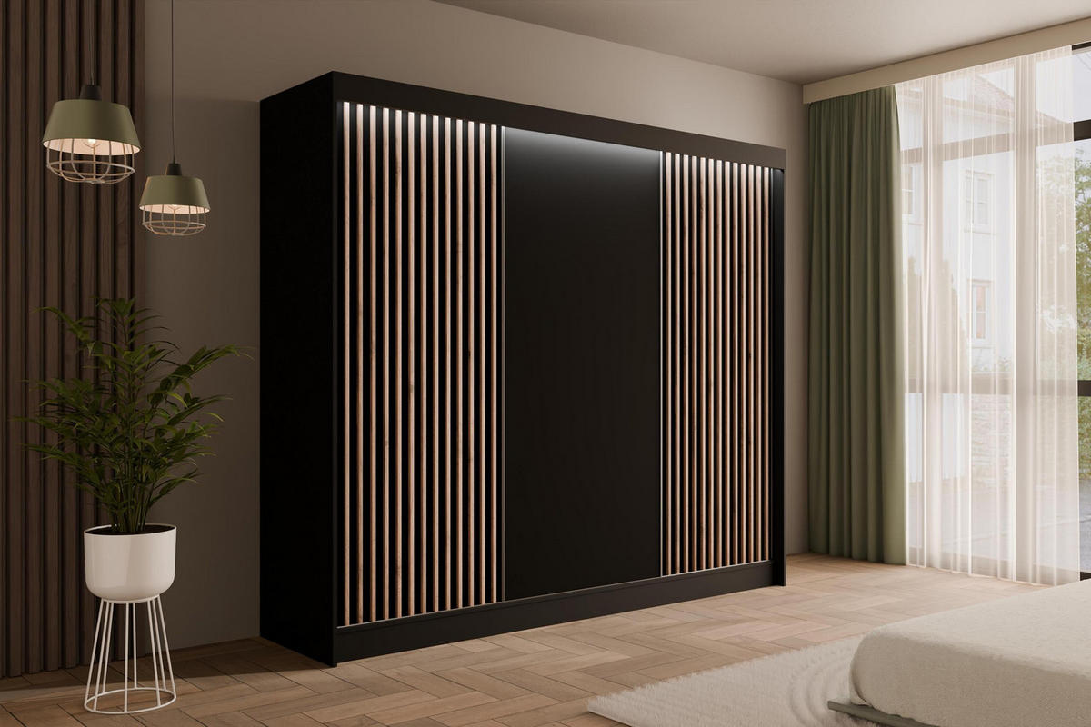 KLEIDERSCHRANK mit LED, Lamel-Schiebetüren VILANv2 - 250 cm Schwarz + Lamelle Eiche Wotan - Eiche Wotan/Schwarz, Holzwerkstoff (250/215/61cm) - ALTDECOR