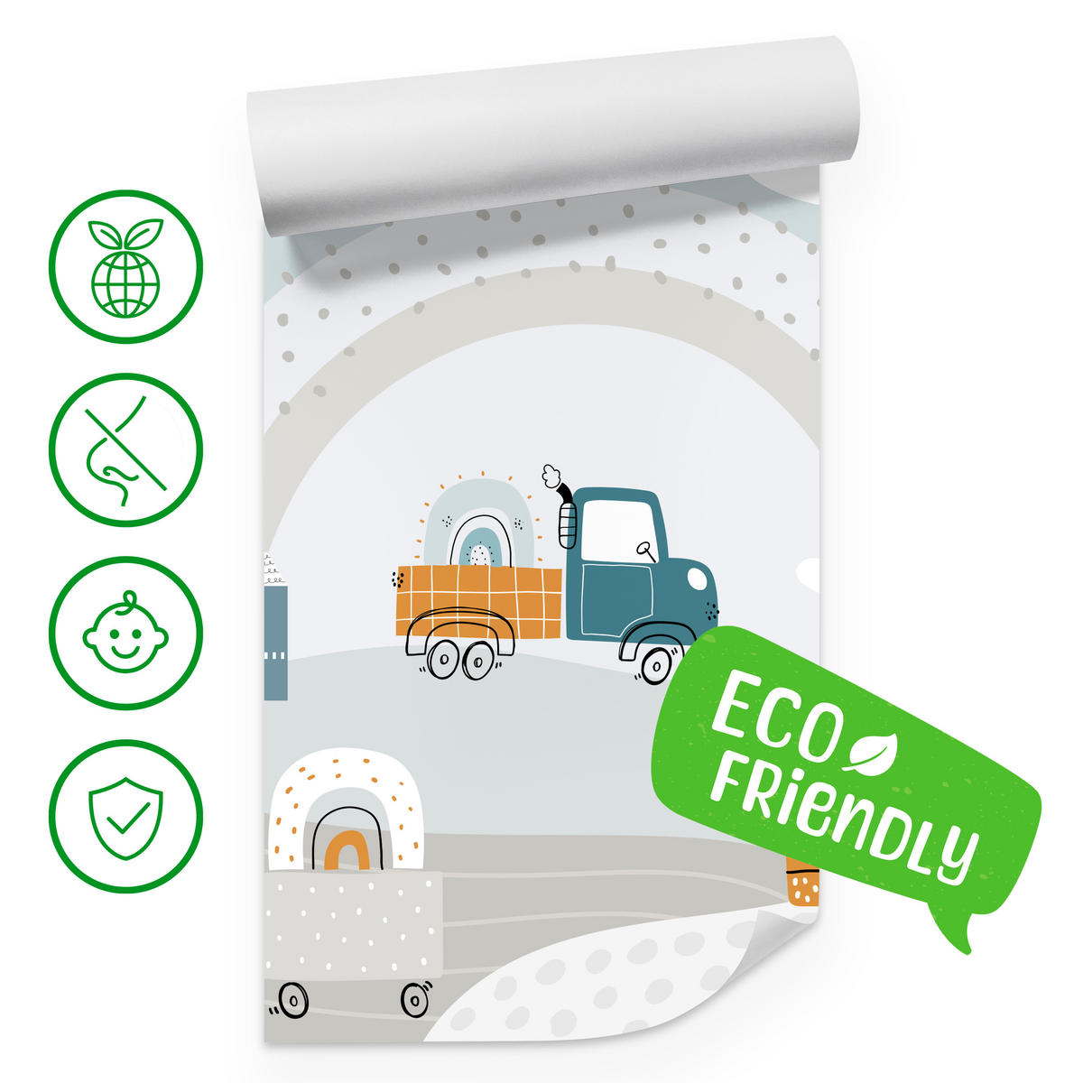 FOTOTAPETE für Kinderzimmer Baumaschinen Regenbogen Hügel Wolken 350x256 - Blau/Beige, Papier (350/256cm) - Muralo