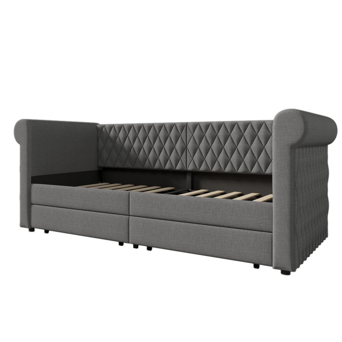 BETT Vintage Kopfteil mit 2 Schubladen Grau Leinen 90/200 cm - Grau, Textil (90/200cm) - OKWISH