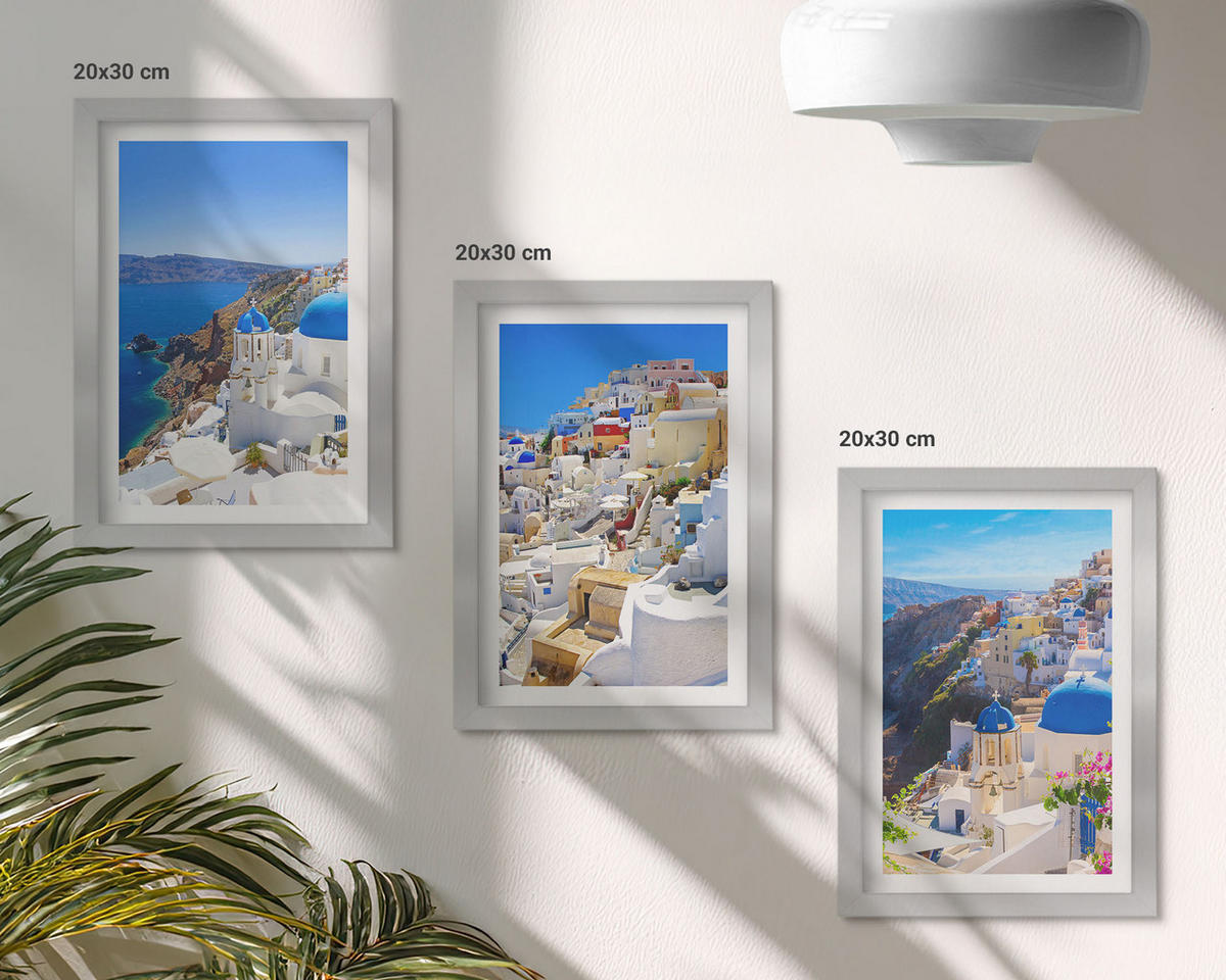 WANDBILDER 3er Set - 20x30 cm Silberner Rahmen - Landschaftsarchitektur Oia Santorini - Silberfarben, Kunststoff (20/30cm) - ArtPrintCave