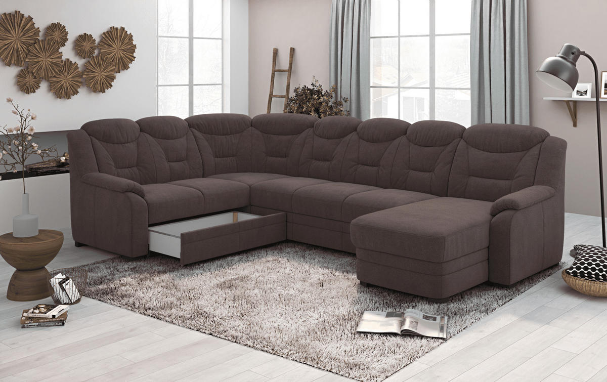 WOHNLANDSCHAFT mit Schlaffunktion und Bettkasten – weiches Chenille-Gewebe - Dunkelbraun/Schwarz, Holz/Kunststoff (330/99/211cm) - Cotta