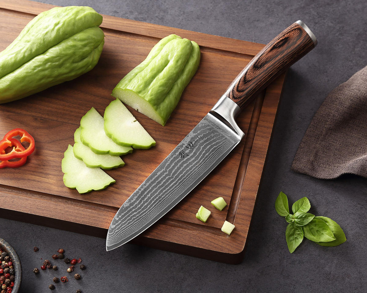 SANTOKU Damastmesser-Set I EDIB - Braun, Holz/Metall - Wakoli