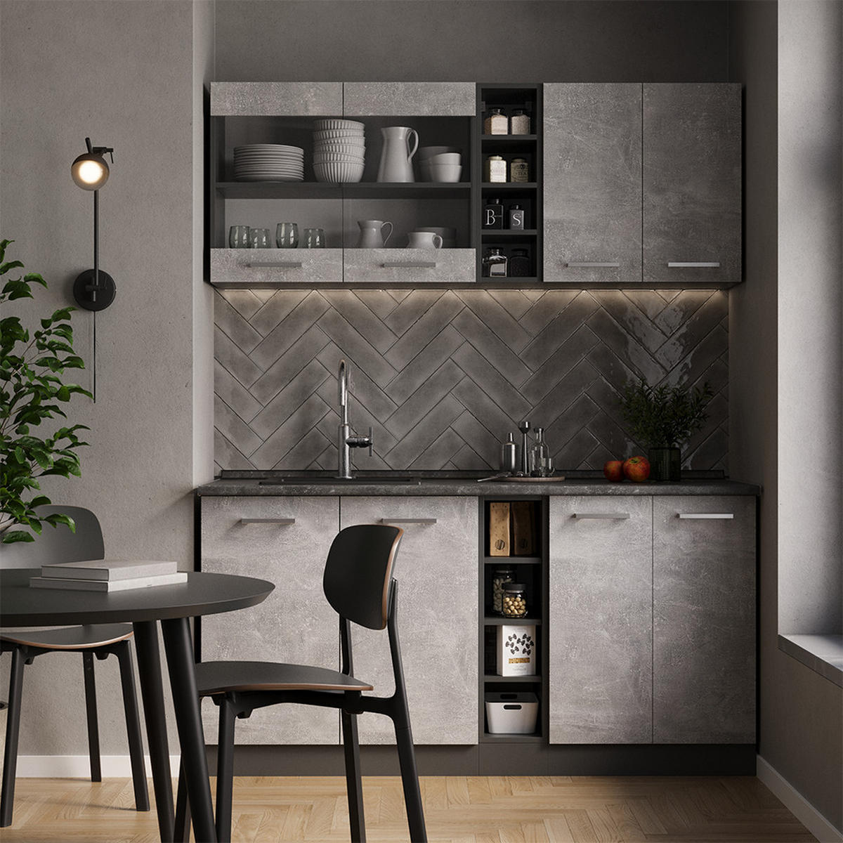 SINGLEKÜCHE R-Line Beton/Anthrazit 160 cm ohne Arbeitsplatte - Schieferfarben/Anthrazit, Holzwerkstoff (160/81.6/46cm) - Vicco