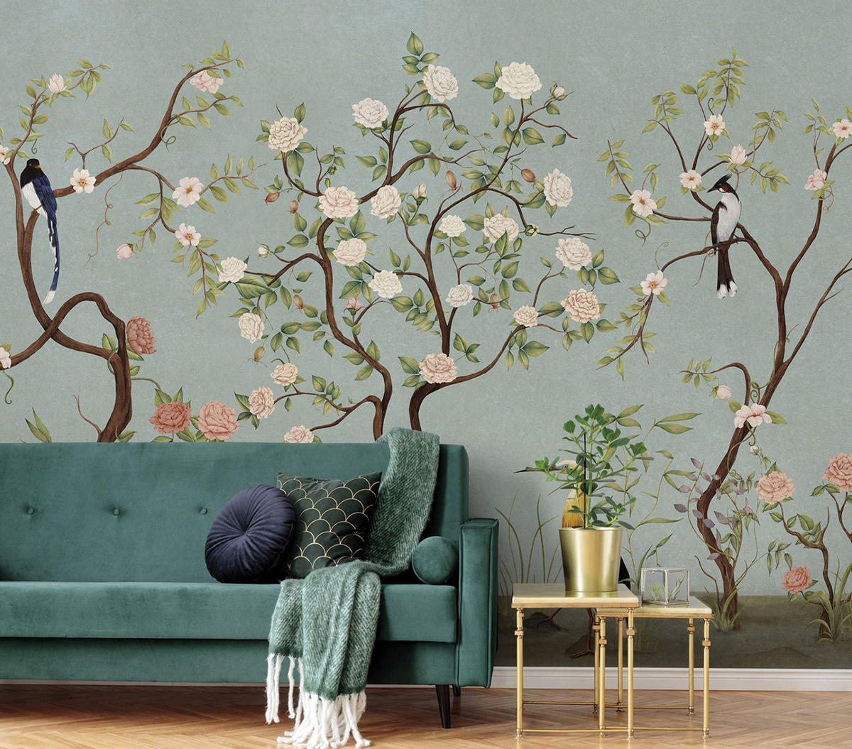 FOTOTAPETE Blumen und Vögel 424 x 280 cm - Blau, Papier (424/280cm) - Sanders & Sanders