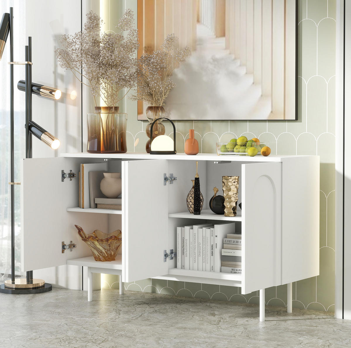 SIDEBOARD in Weiß mit 4 Türen, verstellbaren Einlegeböden und Metallbeinen,140/80/42 cm - Weiß, Holzwerkstoff (140/80/42cm) - Flora Grace