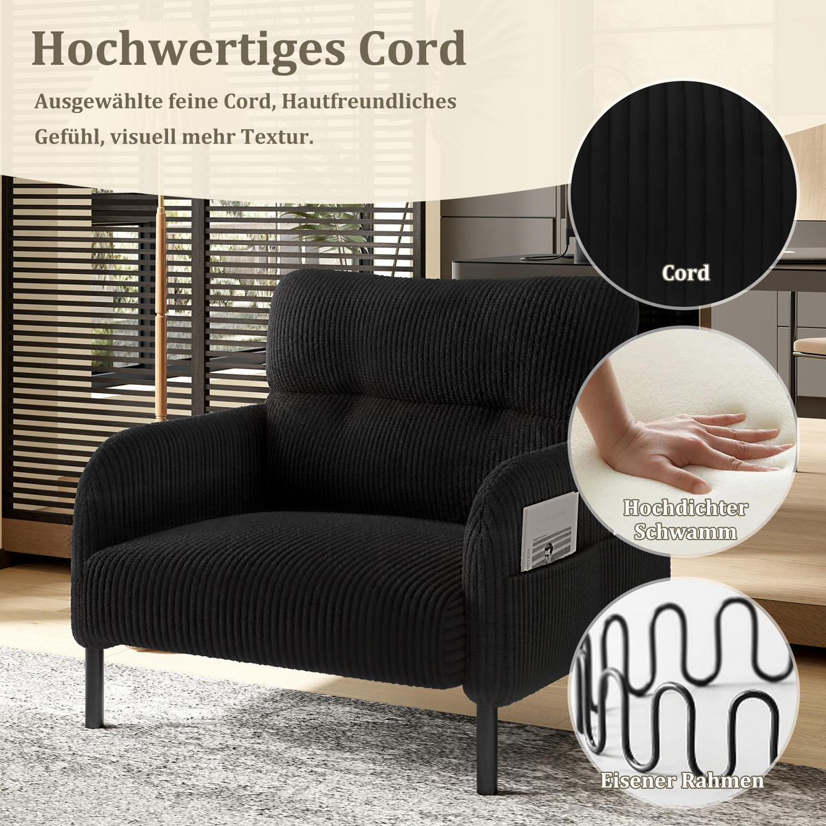 SESSEL Cord Schwarz mit Seitentasche - Schwarz, Textil/Metall (67/79/75cm) - WISHDOR