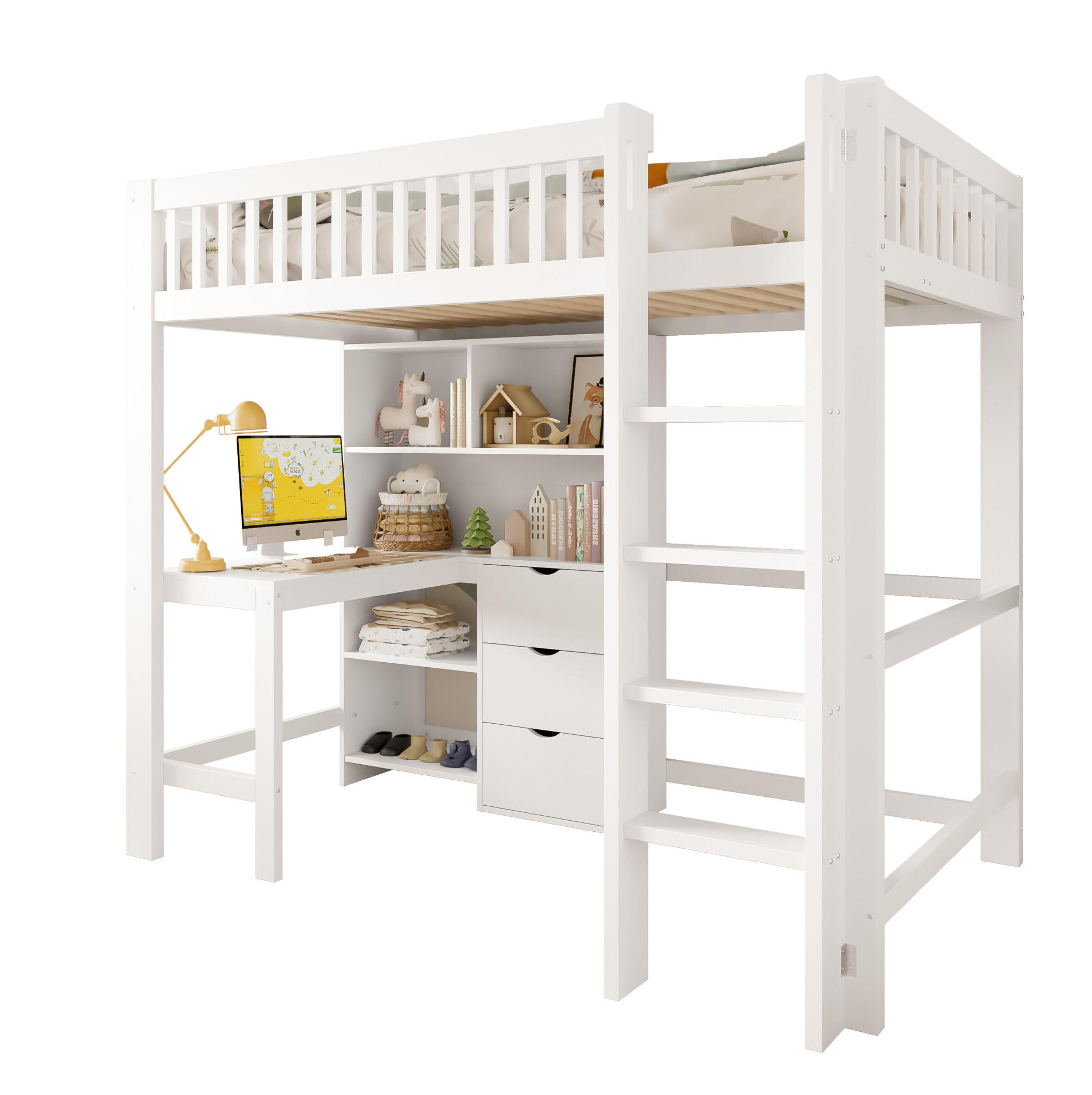 HOCHBETT mit Schreibtisch, 3 Schubladen, Weiß, 90/200 cm, ohne Matratze - Weiß, Holzwerkstoff (90/200cm) - MIVRAY