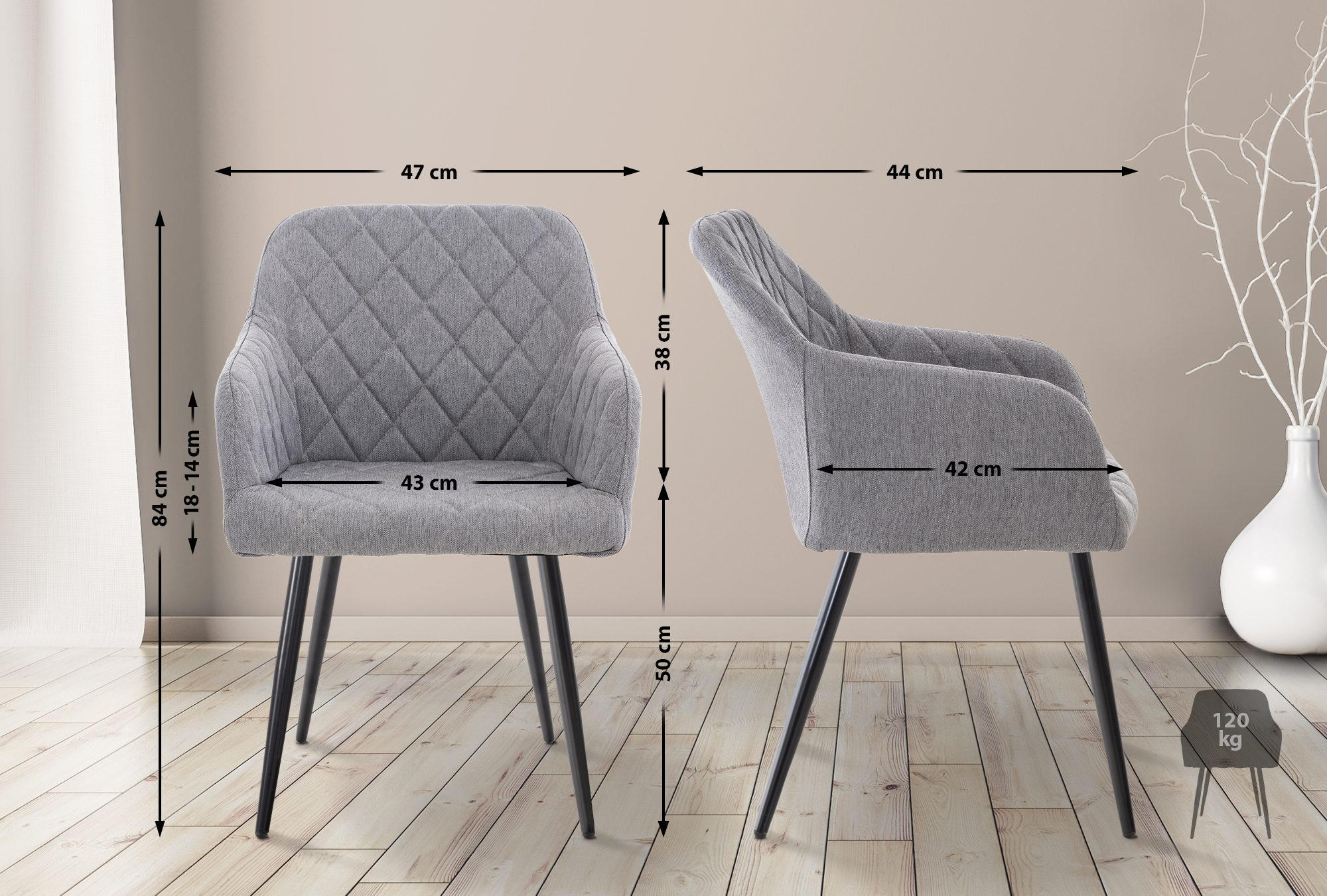 Thumbnail - CLP Armlehnenstuhl, Grau, Textil, 47x84x44 cm, Esszimmer, Stühle, Esszimmerstühle, Armlehnenstühle