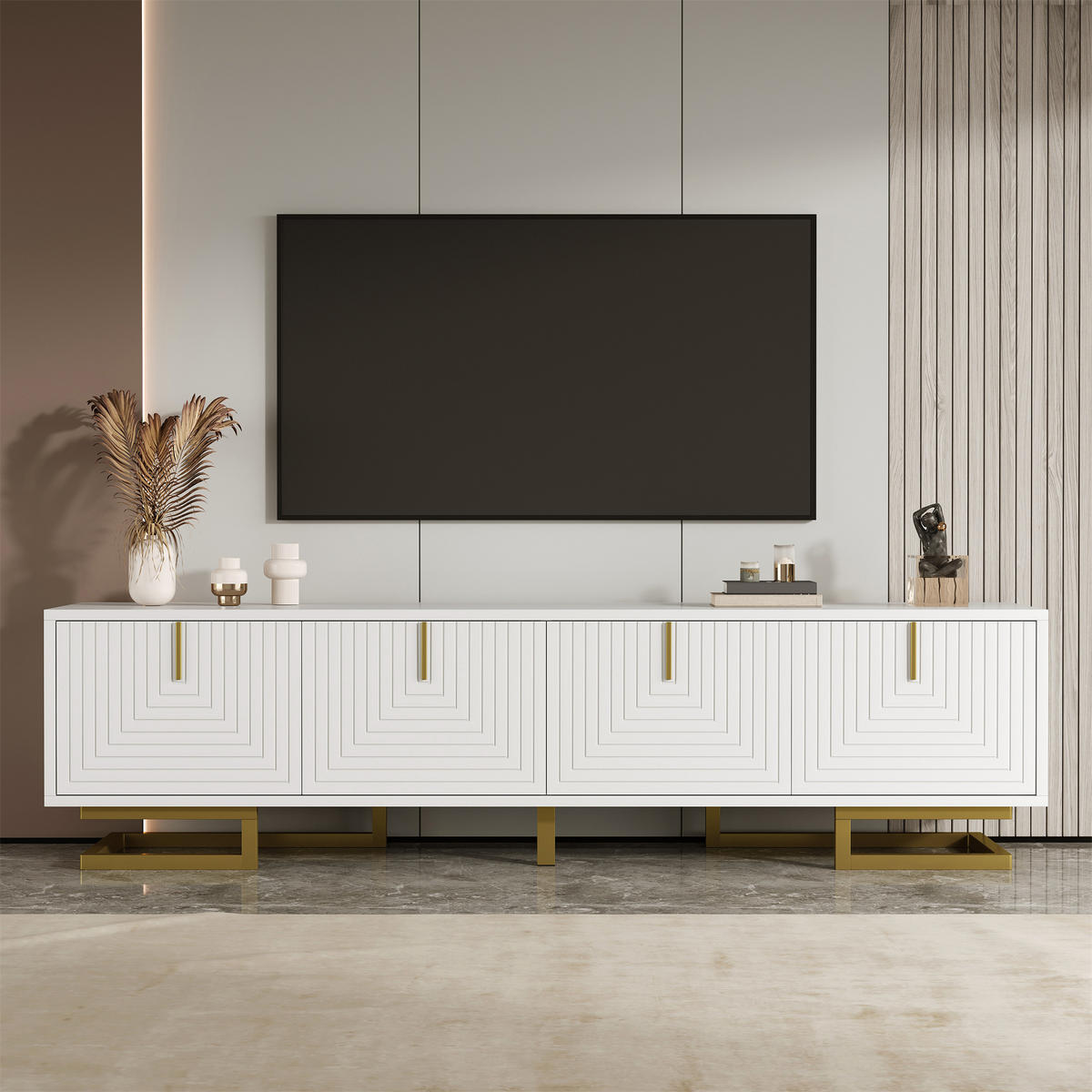 TV Lowboard Strukturfront, Schubladen, goldene Griffe, Weiß - Weiß, Holz (160/38/44cm)