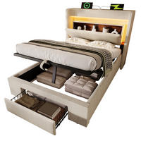 POLSTERBETT 90/200 cm Beige aus Leinen mit LED, USB und Stauraum - Beige, Textil (90/200cm) - OKMYHOME