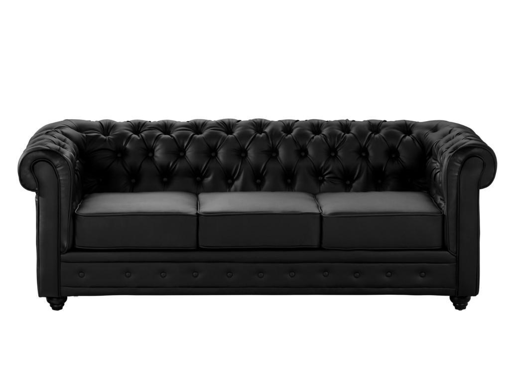 SOFA 3-Sitzer - Kunstleder - Schwarz - CHESTERFIELD - Schwarz, Leder (88/72/205cm) - Vente-Unique