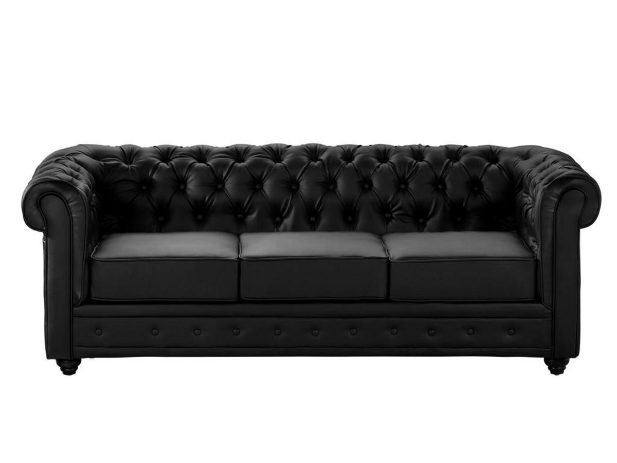 SOFA 3-Sitzer - Kunstleder - Schwarz - CHESTERFIELD - Schwarz, Leder (88/72/205cm) - Vente-Unique