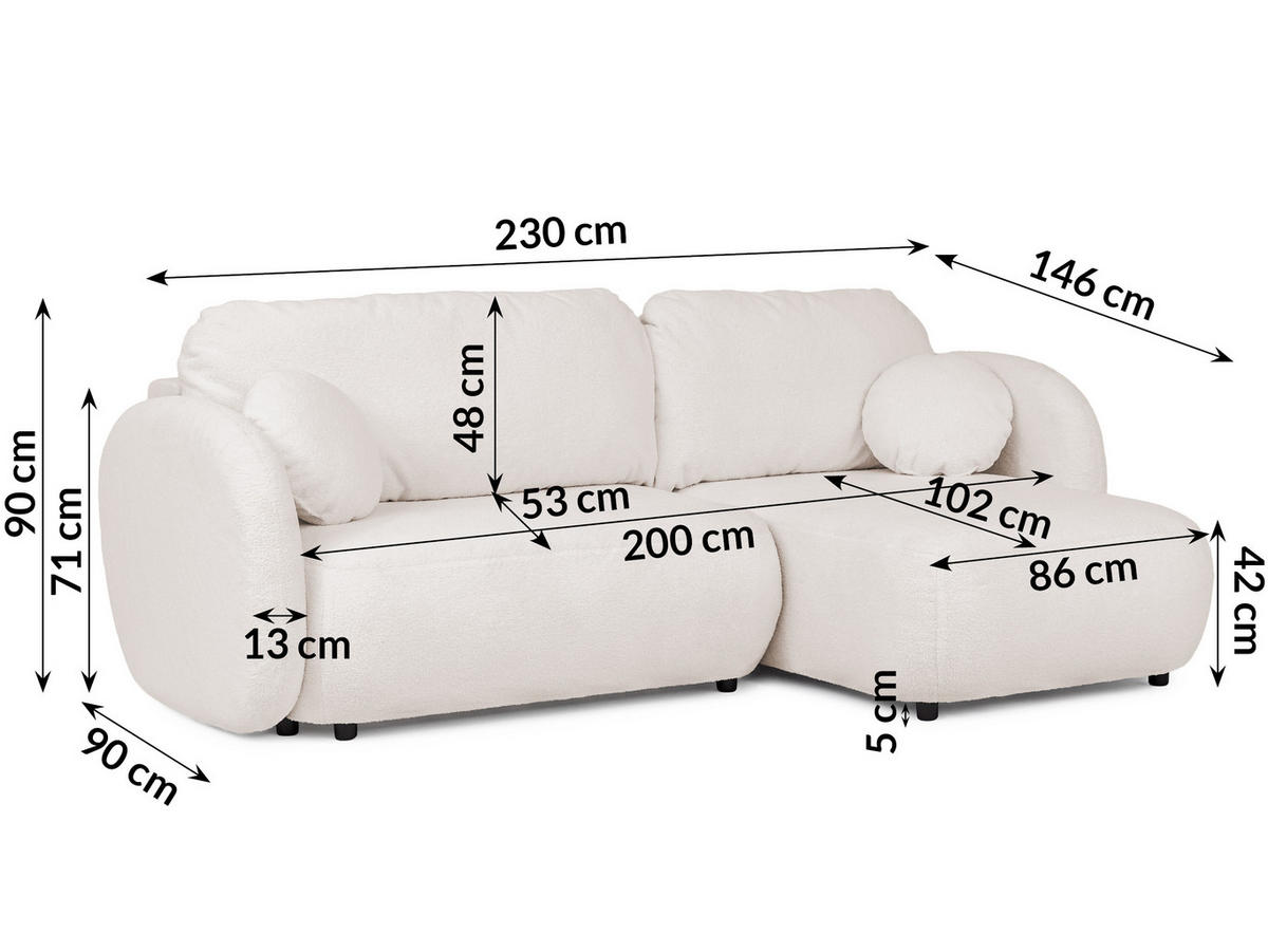 ECKSOFA Candy mit Schlaffunktion Weiß Bouclé-Stoff - Ottomane rechts - Schwarz/Weiß, Holz/Kunststoff (146/230cm) - S-Style Möbel