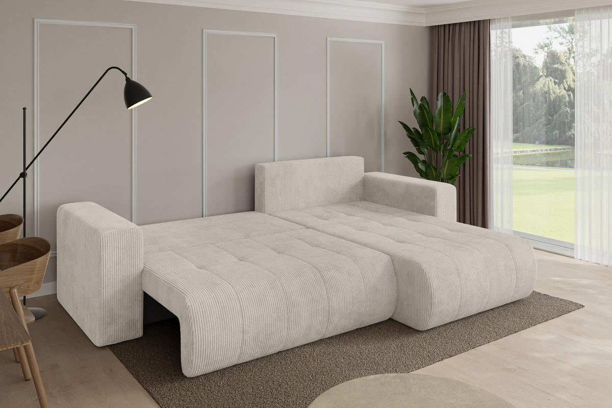ROHOVÁ SEDAČKA s funkcí spaní, otoman vpravo MILA-L 277x194x86 krémová manšestr - černá/krémová, kompozitní dřevo/textil (277/194cm) - ALTDECOR