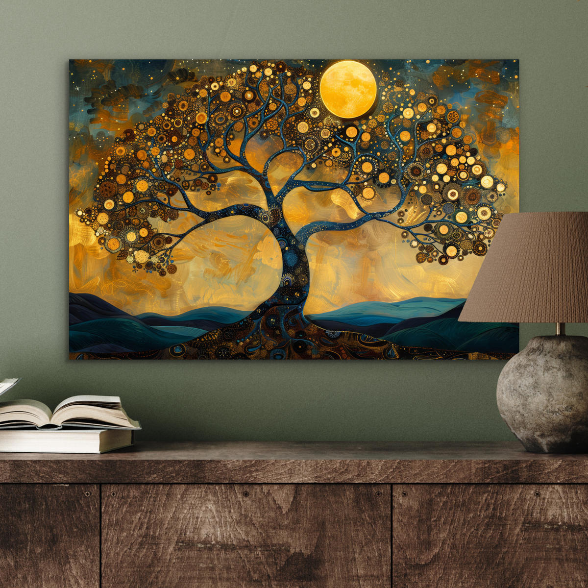 METALLBILD Baum - Mond - Blumen - Gold - Kunst 60x40 cm - Orange, Metall (60/40cm) - MuchoWow