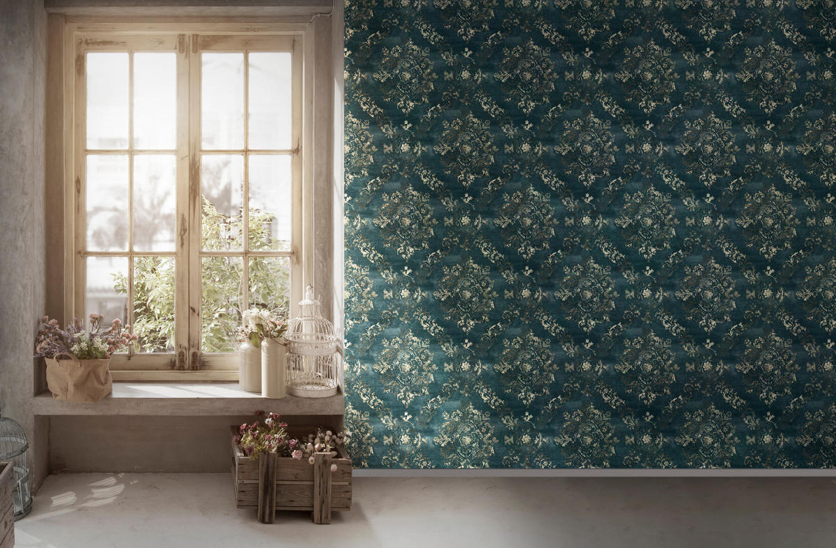 VLIESTAPETEN Barock Petrol Gold – Edles Ornament & Vinyl-Struktur - Goldfarben/Petrol, Papier (530/10050cm) - Livingwalls