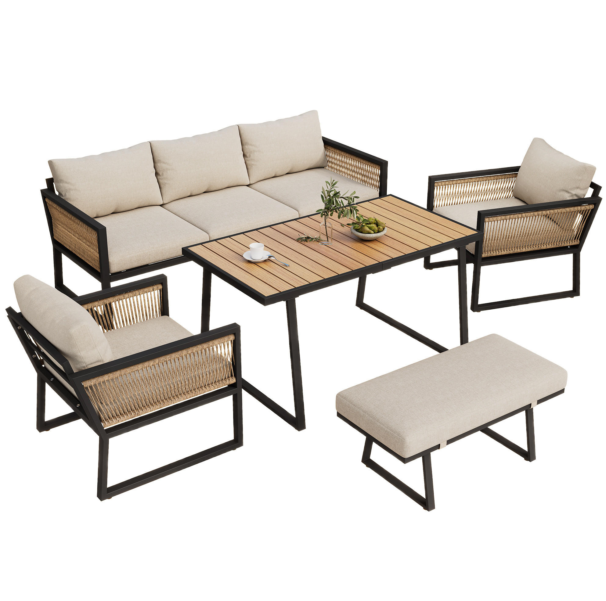 GARTENMÖBEL-SET 187/67/63 cm beige aus verzinktem Stahl und Polyester mit Kunststoffholz-Tischplatte - Beige, Textil - OKWISH