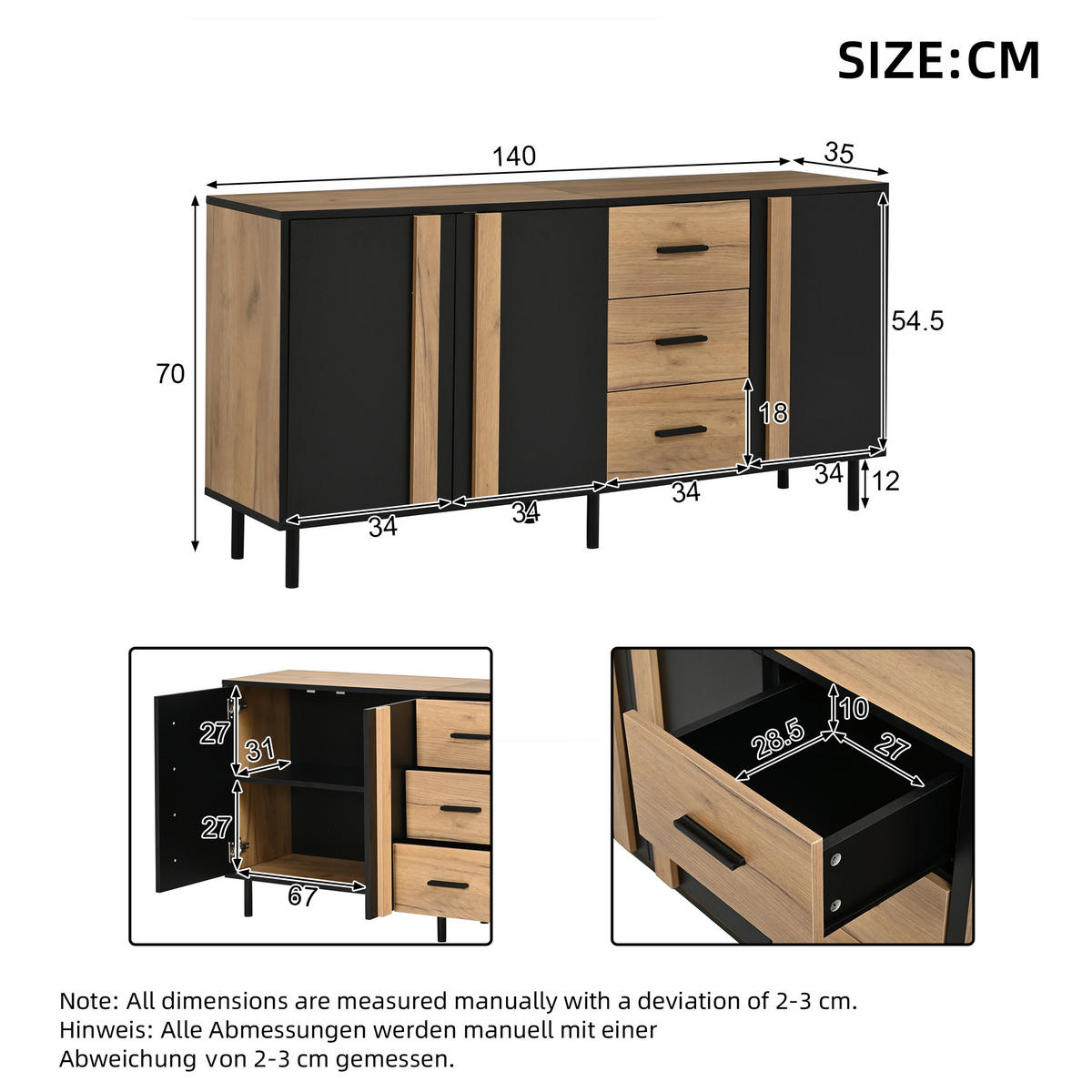 SIDEBOARD 140/35/70 cm mit 3 Türen, 3 Schubladen und Metallbeinen in Schwarz-Naturholzoptik - Schwarz/Naturfarben, Holzwerkstoff (140/70/35cm) - CHICFURN