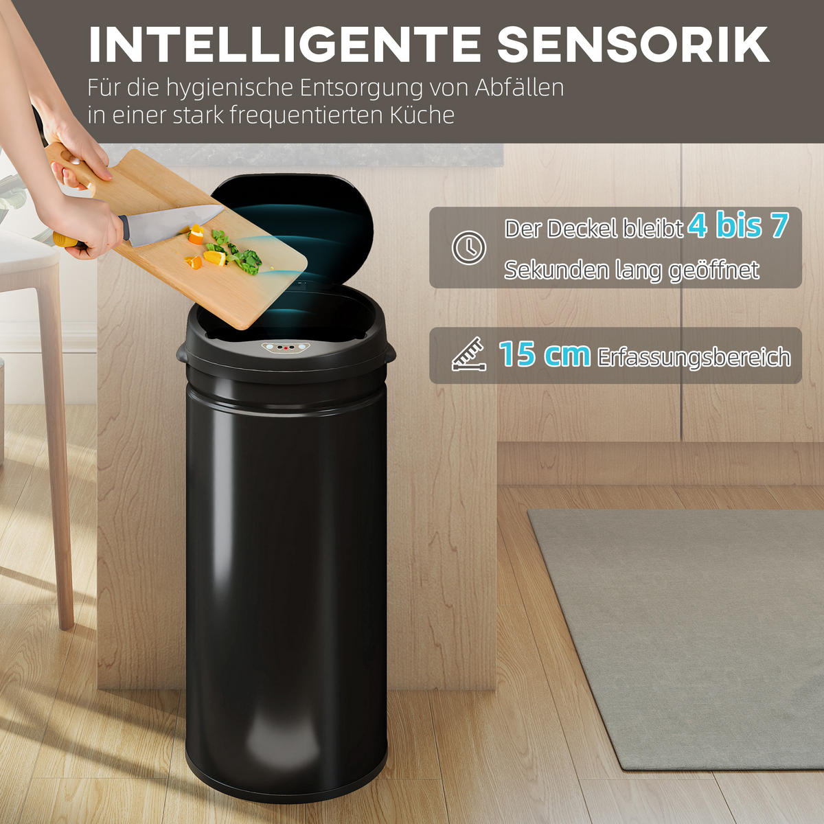 MÜLLEIMER mit Sensor 42L Edelstahl Automatischer Mülleimer mit Soft-Close-Deckel - Schwarz, Metall (30.5/68/30.5cm) - HOMCOM