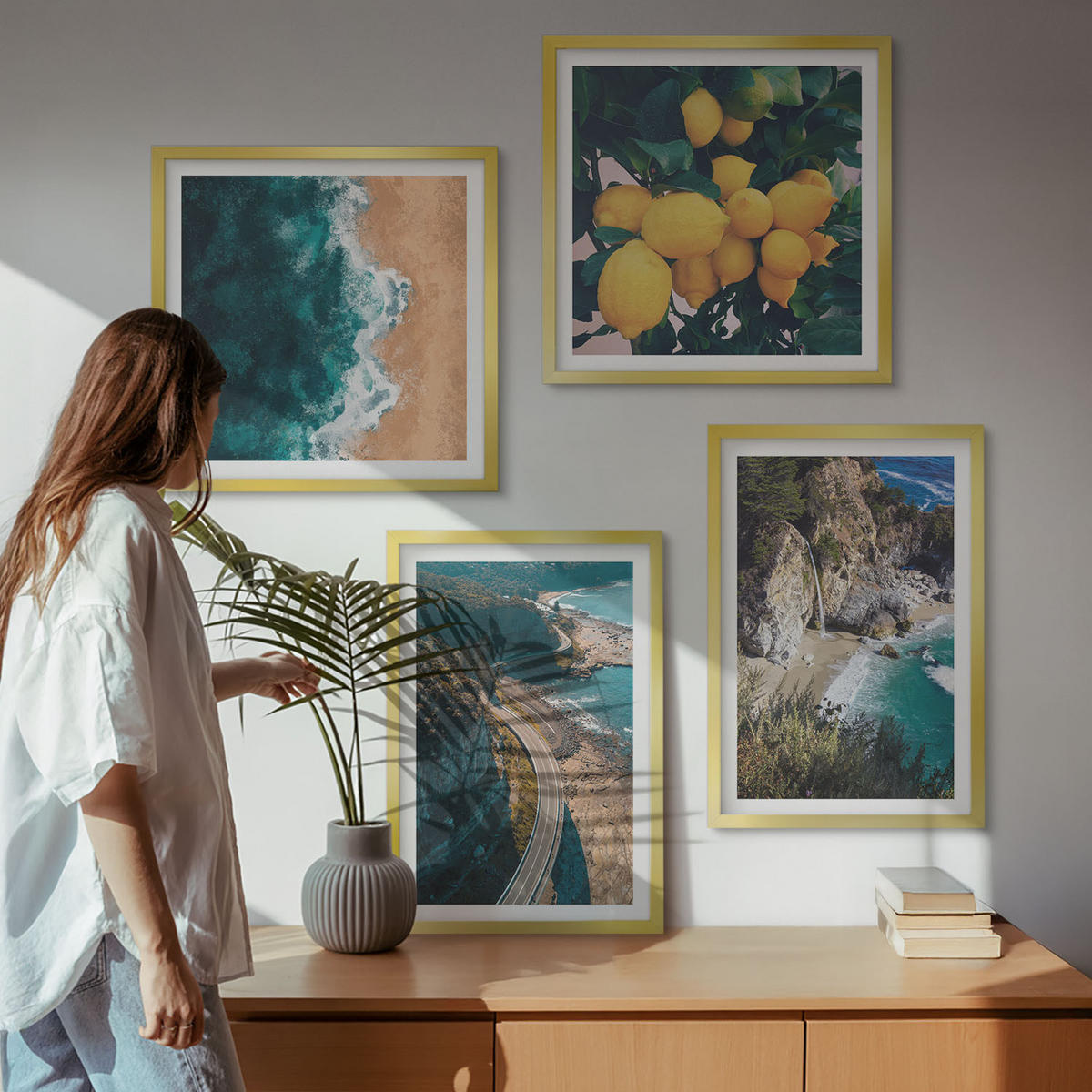 WANDBILDER 4er Set - 50x50 cm & 40x60 cm Goldrahmen - Meerstrand Zitronen Berge - Goldfarben, Kunststoff (50/50cm) - ArtPrintCave