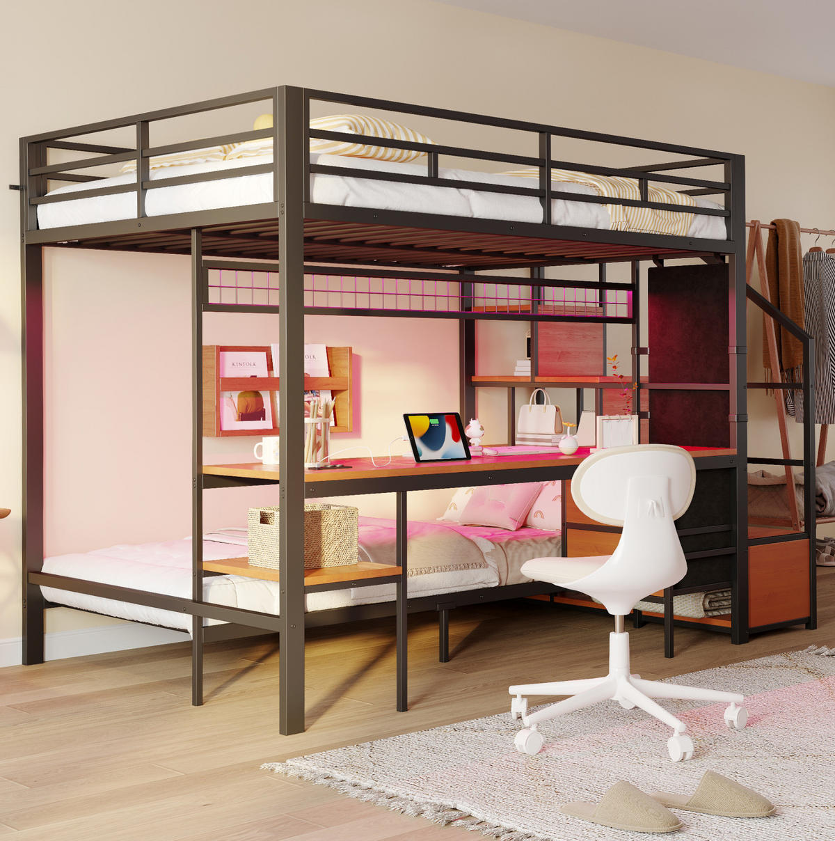 HOCHBETT 140/200 & 90/200 cm mit Schreibtisch, LED-Beleuchtung und Stauraum - Schwarz, Metall (140/200cm) - Flora Grace