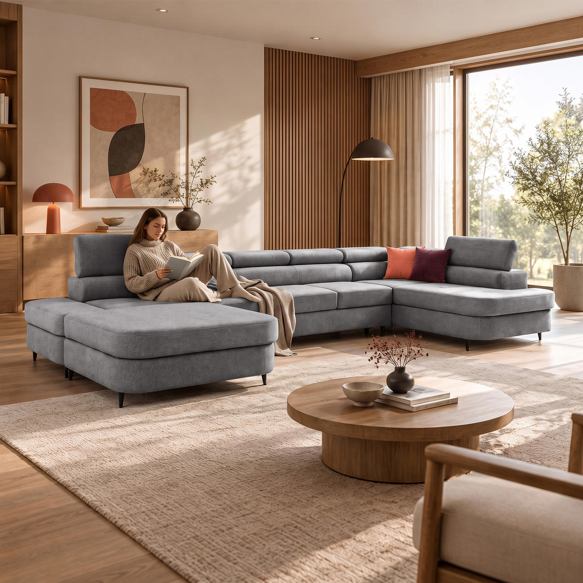 ECKSOFA U-Form PRIAM MAXI U Rechts mit Schlaffunktion 125x317 Velours Grau - Schwarz/Grau, Holz/Textil (400/91/203cm) - Muffo
