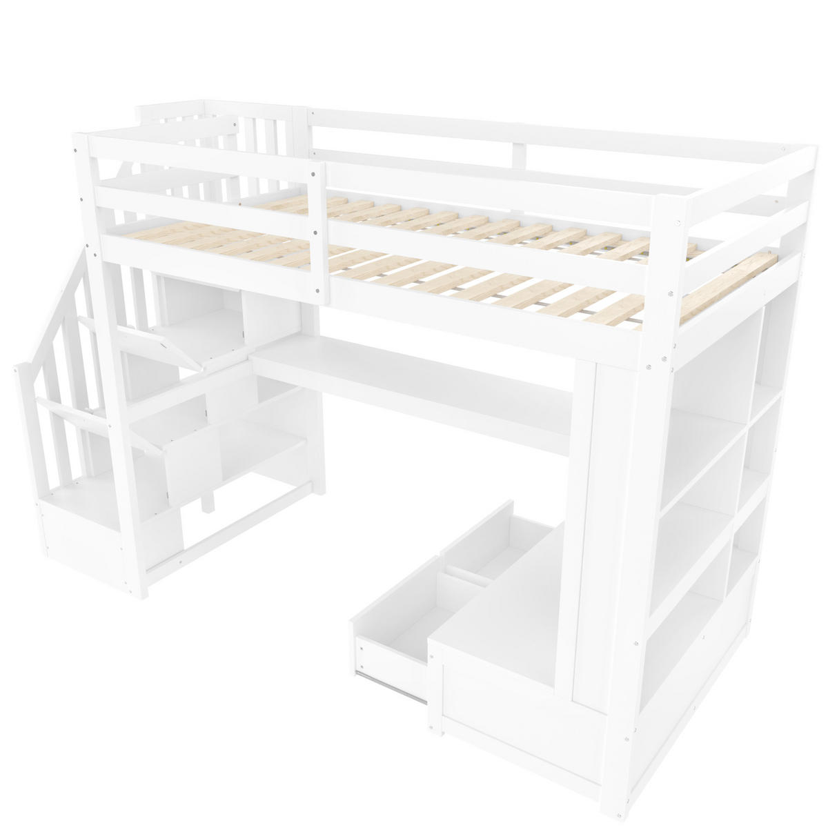 HOCHBETT 90/200 cm aus Kiefer/MDF mit Schreibtisch, Regalen, 2 Schubladen, Stauraumtreppe und LED, Weiß - Weiß, Holzwerkstoff (90/200cm) - Redom