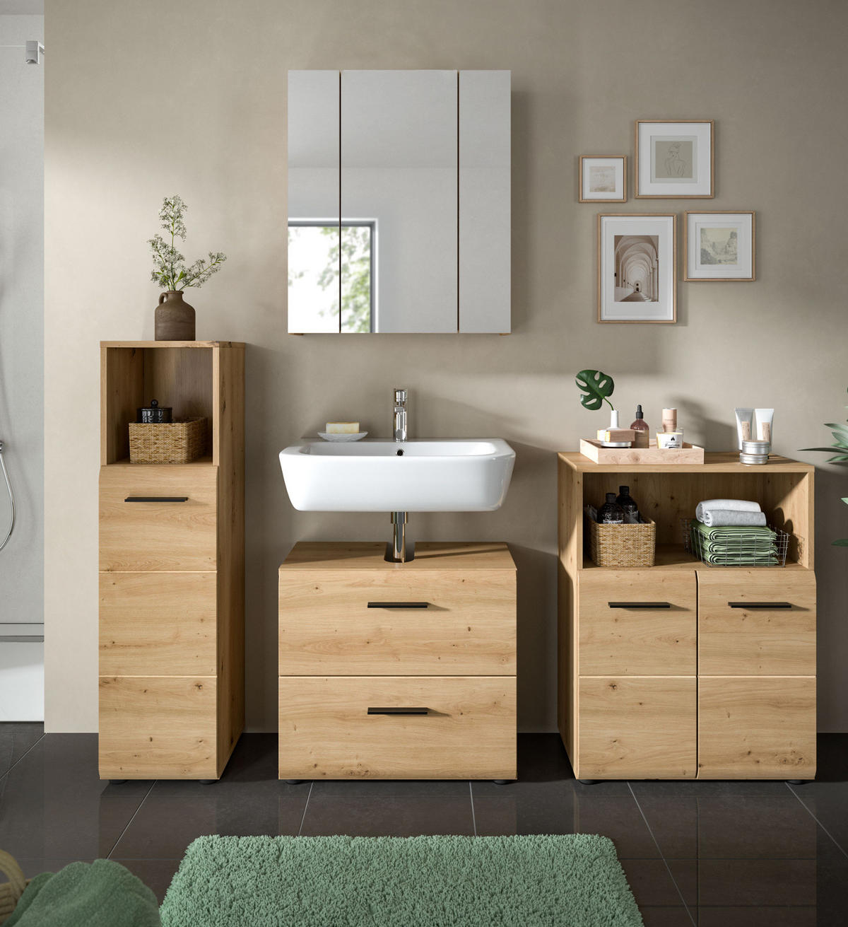 BADMÖBEL-SET 4-teilig in Artisan Eiche, Badkombination 180 x 185 cm, Cover - Schwarz/Eiche Artisan, Glas/Holzwerkstoff (180/185/30cm) - Inn.Furn